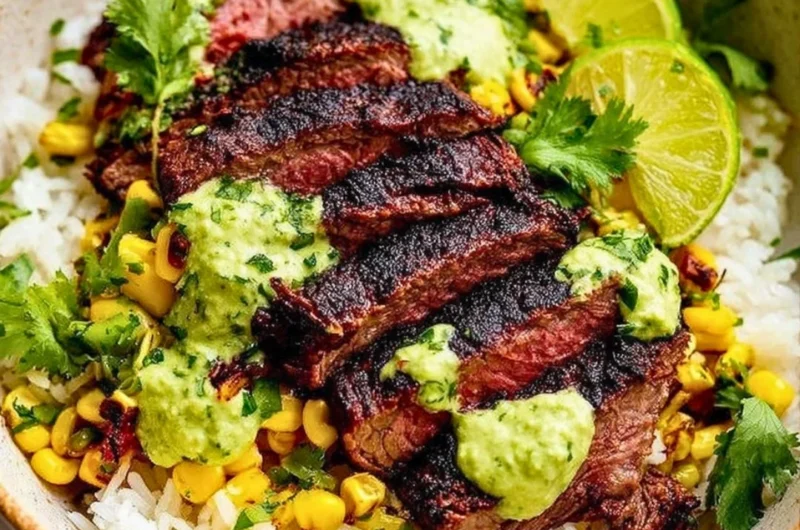 Cilantro Lime Steak and Rice Bowls garnished with fresh cilantro