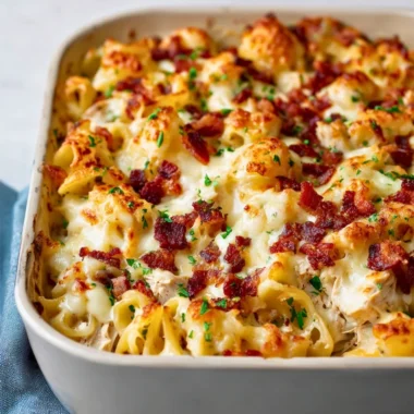 Delicious Crazy Good Casserole served in a baking dish with toppings