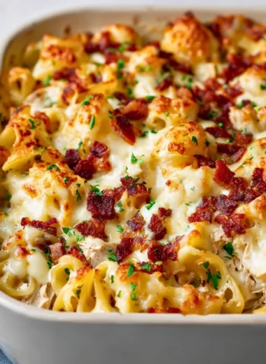 Delicious Crazy Good Casserole served in a baking dish with toppings