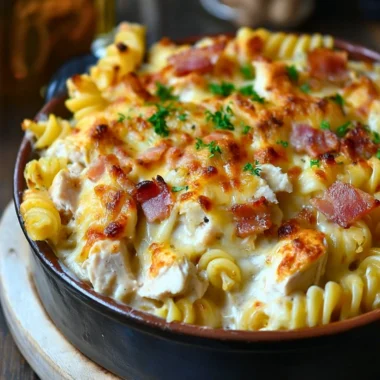 Delicious chicken pasta casserole topped with cheese and herbs.