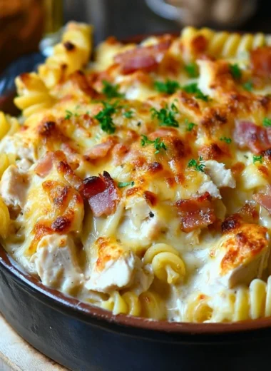 Delicious chicken pasta casserole topped with cheese and herbs.