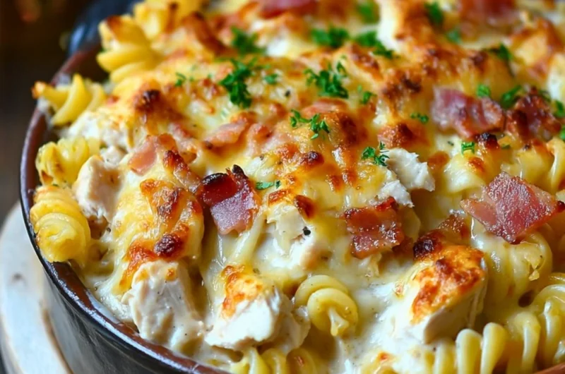 Delicious chicken pasta casserole topped with cheese and herbs.