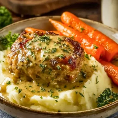 Delicious creamy herb chicken served with mashed potatoes and honey glazed carrots.