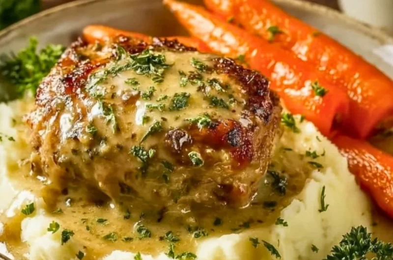 Delicious creamy herb chicken served with mashed potatoes and honey glazed carrots.