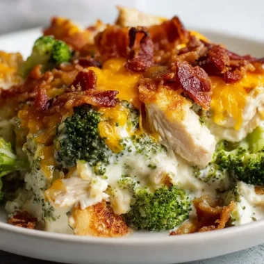 Creamy low carb chicken casserole with broccoli and bacon served in a bowl.