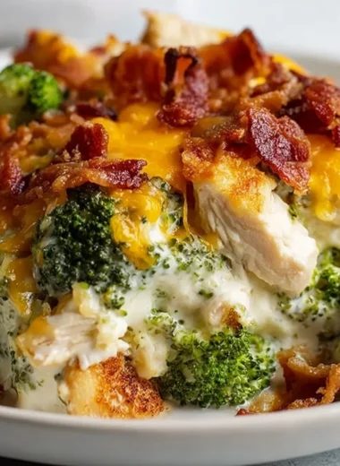 Creamy low carb chicken casserole with broccoli and bacon served in a bowl.