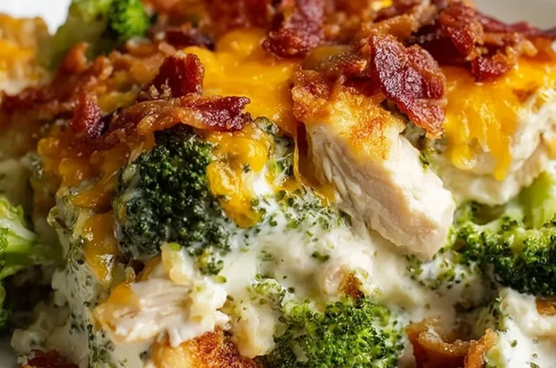 Creamy low carb chicken casserole with broccoli and bacon served in a bowl.