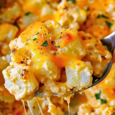 Delicious crock pot cheesy potatoes topped with melted cheese and herbs