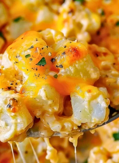 Delicious crock pot cheesy potatoes topped with melted cheese and herbs