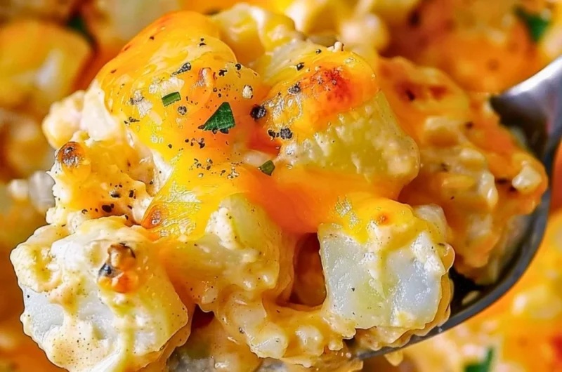 Delicious crock pot cheesy potatoes topped with melted cheese and herbs