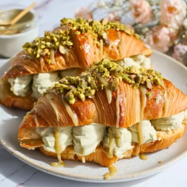 Easy homemade pistachio croissants with a buttery flaky texture