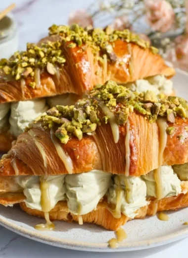 Easy homemade pistachio croissants with a buttery flaky texture