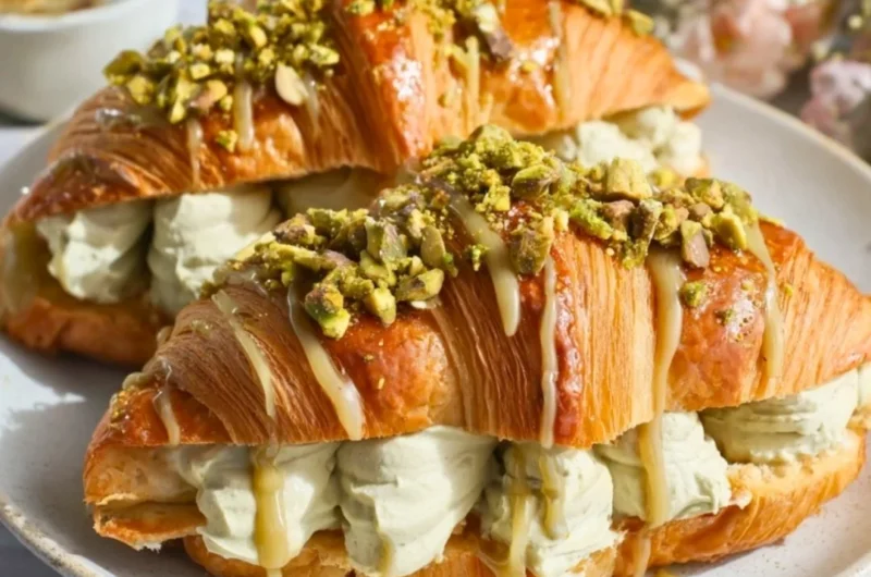 Easy homemade pistachio croissants with a buttery flaky texture