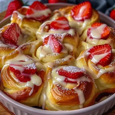 Easy strawberry cheesecake sweet rolls topped with fresh strawberries.