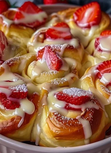 Easy strawberry cheesecake sweet rolls topped with fresh strawberries.