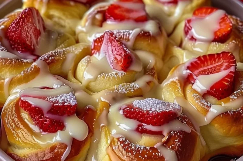 Easy strawberry cheesecake sweet rolls topped with fresh strawberries.