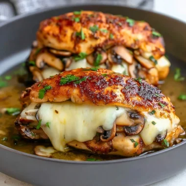 Flavorful mushroom stuffed chicken breast served on a plate with herbs.