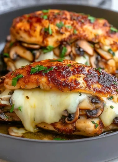 Flavorful mushroom stuffed chicken breast served on a plate with herbs.