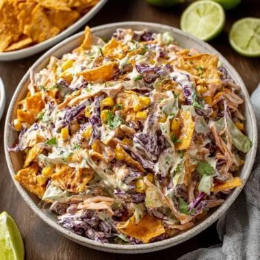 Frito Cowboy Cabbage Salad served in a bowl with colorful ingredients
