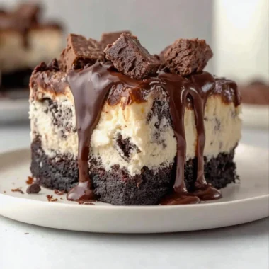 Delicious frozen brownie ice cream cake topped with chocolate sauce and sprinkles.