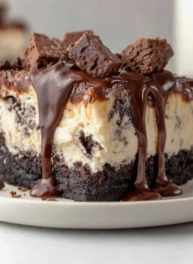 Delicious frozen brownie ice cream cake topped with chocolate sauce and sprinkles.