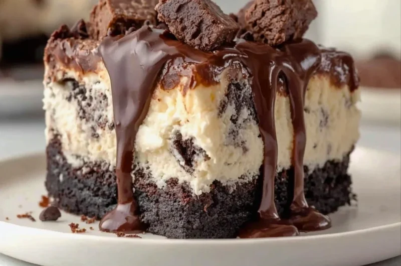 Delicious frozen brownie ice cream cake topped with chocolate sauce and sprinkles.