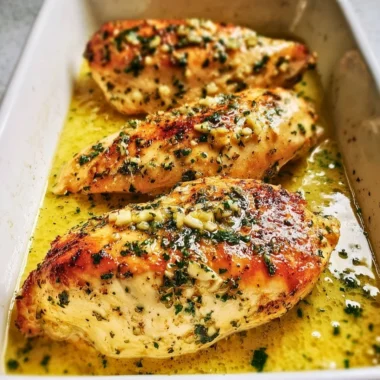Delicious Garlic Butter Baked Chicken Breast served with herbs and melted butter.