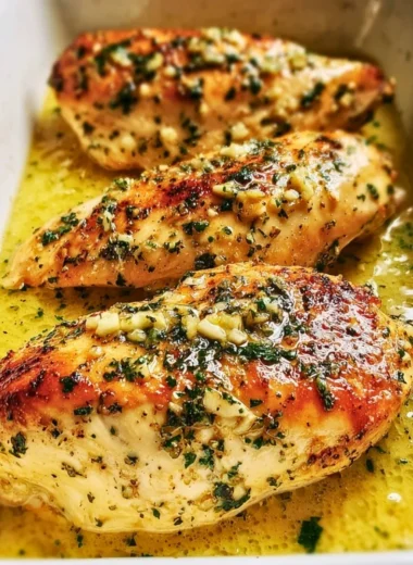 Delicious Garlic Butter Baked Chicken Breast served with herbs and melted butter.