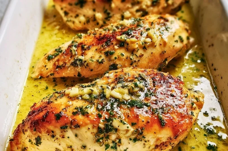 Delicious Garlic Butter Baked Chicken Breast served with herbs and melted butter.
