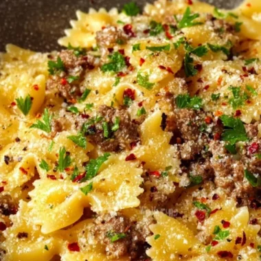 Plate of Garlic Butter Bowtie Pasta with Beef garnished with parsley