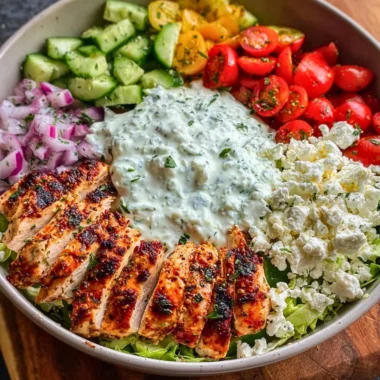 Delicious Greek Chicken Bowl topped with fresh vegetables and feta cheese