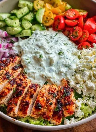 Delicious Greek Chicken Bowl topped with fresh vegetables and feta cheese