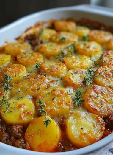 Delicious Hamburger Potato Casserole dish baked to perfection