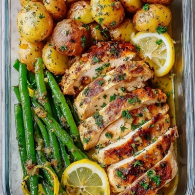 Healthy lemon garlic chicken meal prep bowls with vegetables and rice.