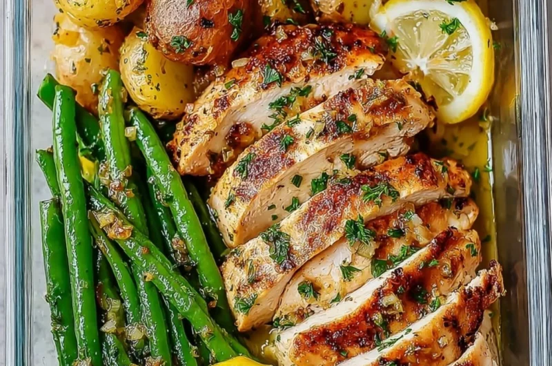 Healthy lemon garlic chicken meal prep bowls with vegetables and rice.