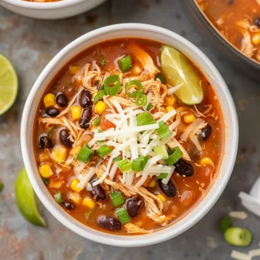 Bowl of high protein chicken taco soup with colorful toppings