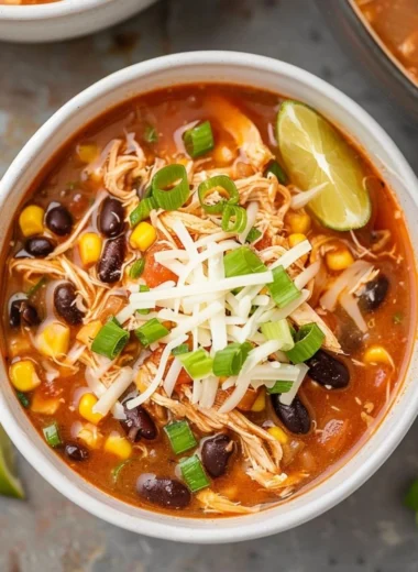 Bowl of high protein chicken taco soup with colorful toppings