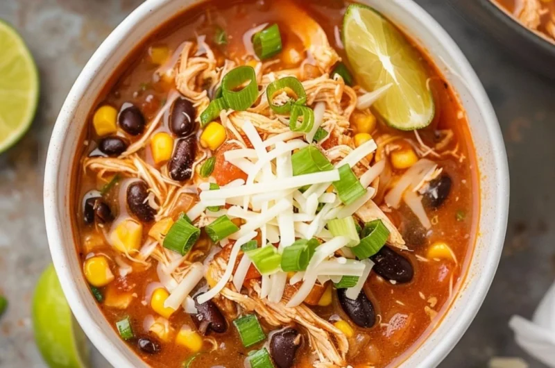Bowl of high protein chicken taco soup with colorful toppings