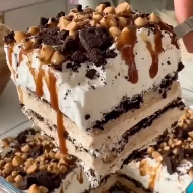 Delicious homemade ice cream cake with chocolate layers and colorful sprinkles.