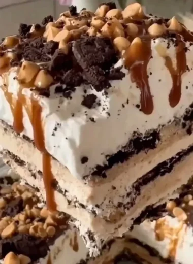 Delicious homemade ice cream cake with chocolate layers and colorful sprinkles.