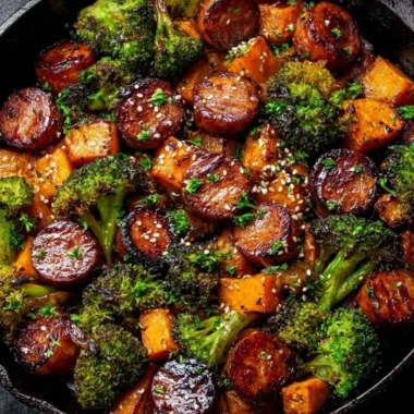 Honey garlic sausage and sweet potato sheet pan dinner ready to serve