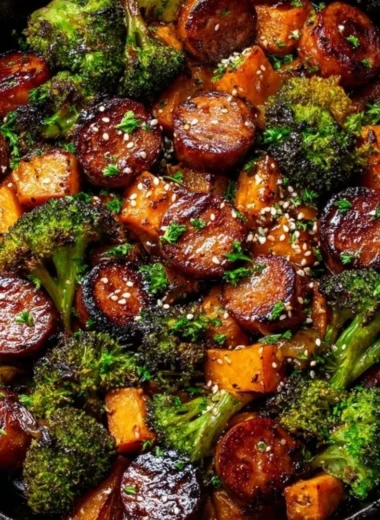 Honey garlic sausage and sweet potato sheet pan dinner ready to serve