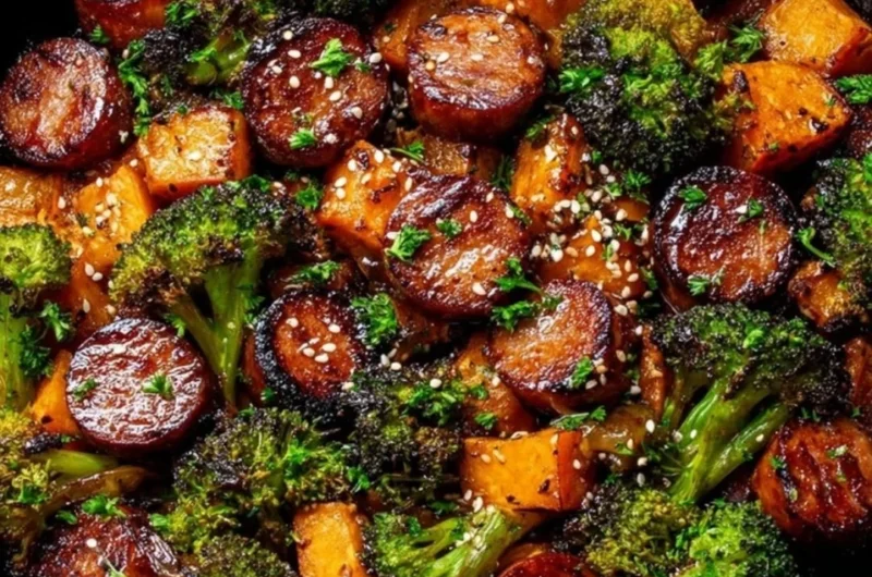 Honey garlic sausage and sweet potato sheet pan dinner ready to serve