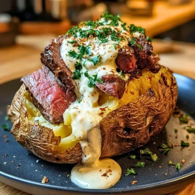 Delicious loaded steak potatoes drizzled with savory cream sauce