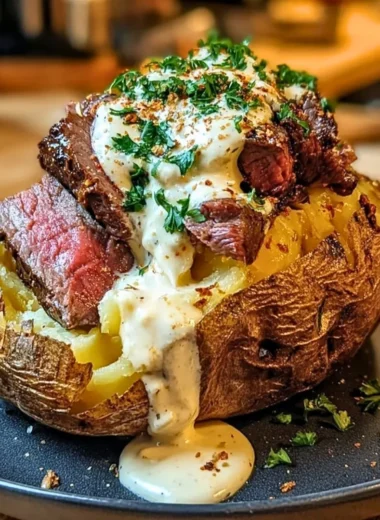 Delicious loaded steak potatoes drizzled with savory cream sauce