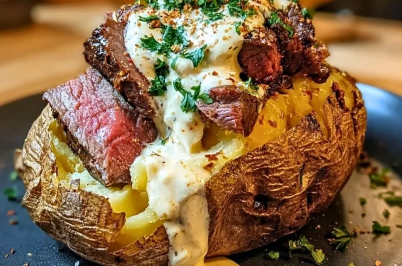 Delicious loaded steak potatoes drizzled with savory cream sauce