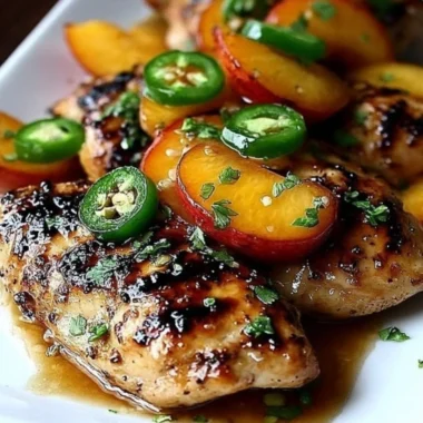 Jalapeno peach chicken dish garnished with fresh herbs and served on a plate.