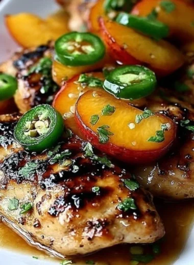 Jalapeno peach chicken dish garnished with fresh herbs and served on a plate.