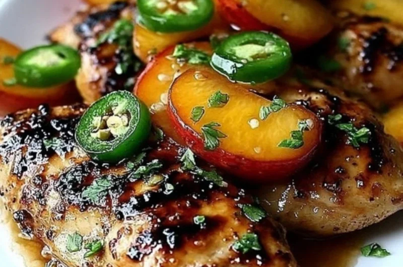 Jalapeno peach chicken dish garnished with fresh herbs and served on a plate.