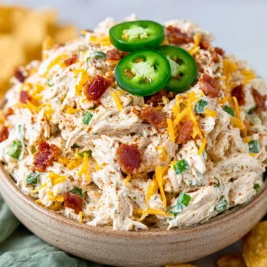 Jalapeño Popper Keto Chicken Salad garnished with fresh jalapeños and herbs.